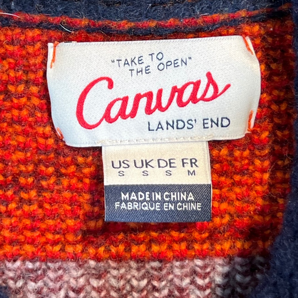 Lands End Canvas Mens Small Lambswool Full Zip Fair Isle Sweater Orange Navy - Picture 2 of 6